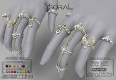 the ring set is made up of different types of rings and chains, all in gold or silver