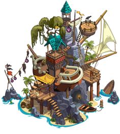 an illustration of a pirate's island with lots of boats and other things on it