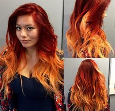 Red Orange Blonde Ombre Hair, Dark Red To Orange Ombre Hair, Red To Orange Ombre Hair, Flame Hair Color, Red To Blonde Ombre Hair, Ombre Hair Red, Orange Ombre Hair, Auburn Ombre