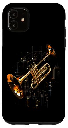 a phone case with an image of a golden trumpet on it's black background