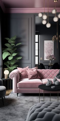 a living room with pink couches and black tables in front of a large mirror