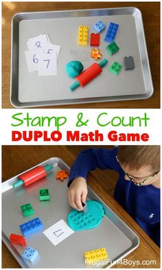 a tray with legos and letters on it that says stamp & count duplo math game