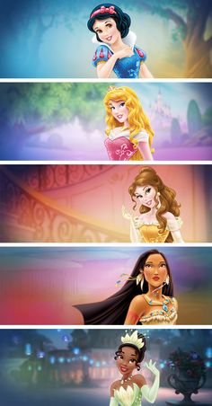 four different disney princesses with their names in the bottom right hand corner, and one is