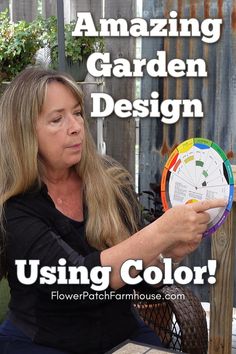 a woman sitting on a bench holding a paper plate with the words amazing garden design using color