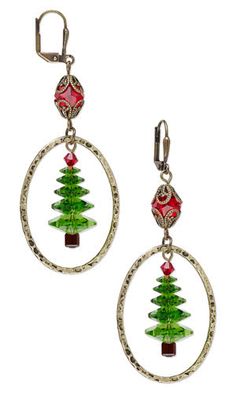 Jewelry Design - Earrings with Swarovski Crystal, Antiqued Gold-Finished Steel Focals and Antiqued Brass Bead Caps - Fire Mountain Gems and Beads Earring Ideas Diy, Xmas Earrings, Xmas Jewelry, Beading Crafts, Tree Earrings, Christmas Tree Earrings