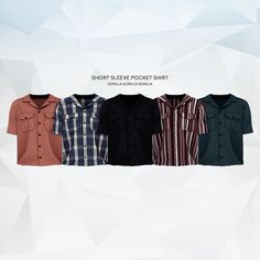 five different colored shirts with short sleeves and buttons on the chest, all in various colors