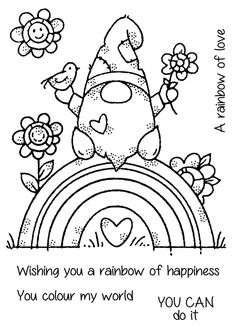 a black and white drawing of a cartoon character on a rainbow with the words wishing you a rainbow of happiness