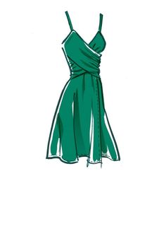 a drawing of a green dress with one shoulder tied around the waist and an asymmetrical top