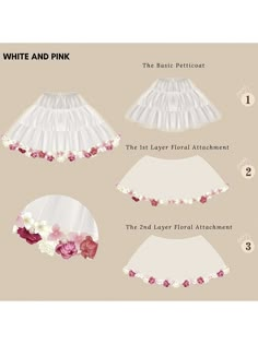 white and pink pettictu skirt with flower trims on the bottom, two different styles