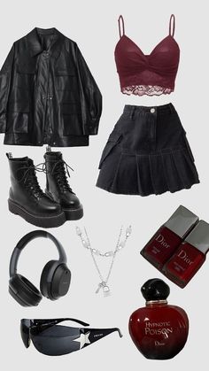 Light Punk Rock Outfits, Outfits To Concerts, Girl In Red Aesthetic Outfit, Clancy Concert Outfits, 90s Rockstar Gf Outfit, Hot Rockstar Girlfriend Outfits, Rockstar Gf Essentials, Ropa Dark Aesthetic, Black And Red Grunge Outfit