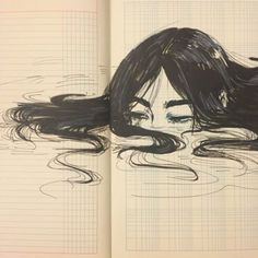 an open book with a drawing of a woman's face and hair in the water