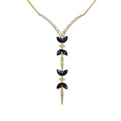 "PRODUCT DESCRIPTION: 14k Yellow Gold Blue Sapphire Dangling Necklace / Elegant Gem Necklace Pendant / Blue Sapphire With Diamonds Necklace For Woman  - Solid 14k Yellow Gold / 2.9 Grams - 45 Natural Diamonds / Total Weight .28 Carats - High Quality Earth Mined Diamonds: (F-G Color / VS Clarity) - Genuine Blue Sapphire Marquise Shape:  - 8 Stones / .98 Carats  - Pendant Dimensions: (48mm Height) - Chain Details: Adjustable Solid 14k Diamond Cut Cable Chain - Adjustable to (17\", 18\", 19\") Inch Blue Dangle Necklaces For Formal Occasions, Blue Fine Jewelry With Adjustable Chain, Blue Clavicle Chain Fine Jewelry, Blue Adjustable Chain Fine Jewelry, Blue Sapphire Pendant Necklace, Blue Sapphire Dangle Jewelry, Blue Clavicle Chain Jewelry For Formal Occasions, Formal Blue Clavicle Chain Jewelry, Blue Sapphire Pendant Necklaces