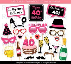 birthday photo booth props with pink, black and white theme for the 30th birthday party