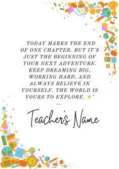 a teacher's name is written in black ink on a white background with colorful confetti