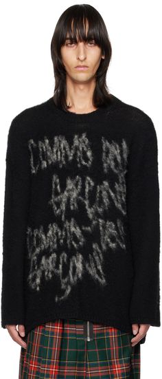 Brushed knit wool sweater. · Rib knit crewneck, hem, and cuffs · Intarsia logo at front · Modified droptail hem · Dropped shoulders Supplier color: Black Mens Knitwear, Menswear Inspiration, 2024 Menswear, Intarsia Sweater, Comme Des Garcons Black, Kim Jones, Knit Crewneck, Comme Des Garcons, Wool Sweater