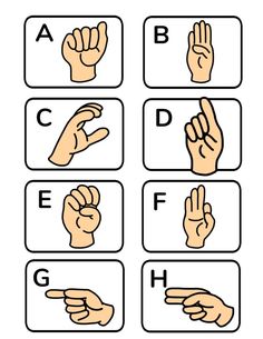 four different hands with the letters and numbers in each hand, all pointing at one another