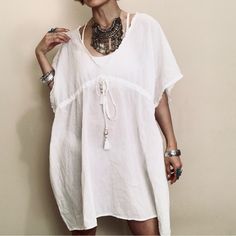 Brand New Size L/Xl Length 36” Bust 60” White Short Sleeve Cover-up For Day Out, Summer Lagenlook Tunic, Casual Free Size Short Sleeve Cover-up, Oversized Summer Dress For Brunch, Casual Summer Dresses With Batwing Sleeves, Casual Short Sleeve Cover-up For Daywear, Oversized Short Sleeve Dress For Brunch, Flowy Beach Tunic In Lagenlook Style, Summer Lagenlook Tunic With Batwing Sleeves