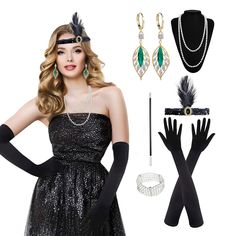 PRICES MAY VARY. Complete 8-Piece Set: Elevate your 1920s-inspired look with our value-packed collection. It includes 1 pair of black long gloves, 1 pair of earrings, 1 Great Gatsby handheld prop, 1 flapper headband, 1 artificial pearl bracelet, and 1 pearl necklace. Feather Headband and Bracelet: Our vintage black feather headband and bracelet exude the essence of the era. Designed with elastic, they provide a comfortable fit for most teens and adults, making them essential for your flapper girl costume. Elegant Satin Gloves: Add a touch of vintage elegance with our elastic polyester satin gloves. These gloves, with their classic length, fit beautifully and enhance your overall beauty. Authentic Great Gatsby Handheld Prop: Enhance your costume with our lightweight black handheld prop. It' Flapper Girl Costumes, Necklace Feather, Gatsby Accessories, Flapper Accessories, Pinup Hair, Satin Gloves, Flapper Headband, 1920s Vintage, Flapper Girl