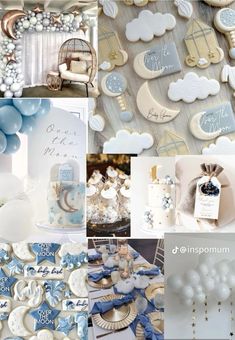 a collage of blue and white themed items including balloons, cookies, cards, and more