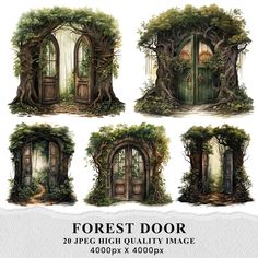 four different doors with trees growing out of them and the words forest door written below