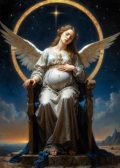 a painting of an angel sitting on a throne