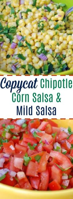 corn salad with tomatoes, onions and cilantro in a yellow bowl on the side