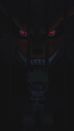 an anime character with red eyes in the dark