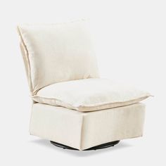 a white chair with a pillow on it's back and seat cushion in the shape of a recliner