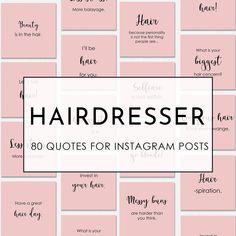 the words hairdresser on pink squares with black and white text that reads 80 quotes for instagram posts