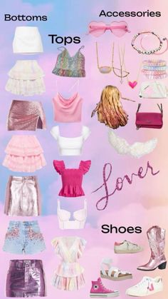 a poster with many different types of clothes and accessories on it's side, including shoes