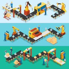 two factory banners with workers working on assembly line and machinery in the process, flat 3d illustration