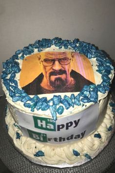 a birthday cake with an image of walter on it