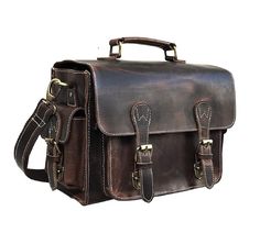 a brown leather briefcase on a white background