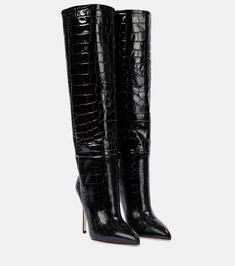 Croc-effect leather knee-high boots in black - Paris Texas | Mytheresa Pink Knee High Boots, Glam Boots, Pu Boots, High Heeled Boots, Snake Leather, Black Knee High Boots, Paris Texas, Stiletto Boots, Black Knees