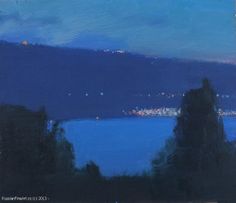 an oil painting of trees and water at night with the city lights in the distance