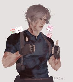 a drawing of a man holding two teddy bears in one hand and giving the thumbs up