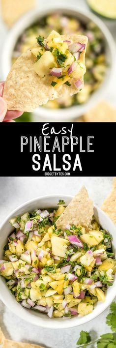 pineapple salsa in a white bowl with tortilla chips