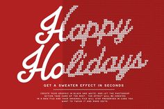 a red and white holiday card with the words happy holidays written in pixeled letters