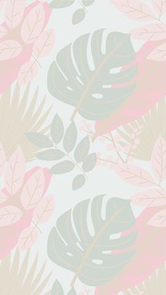 a pink and green wallpaper with leaves on it