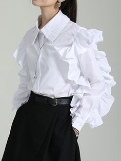 Long Sleeves Falbala Pleated Solid Color Lapel Blouses & Shirts Tops WHITE-L Mandarin Collar Shirt, Lantern Sleeve Dress, Cardigan Outfits, Style Cardigan, Ruffled Sleeves, Fashion Seasons, Business Outfits, Casual Blouse, Trendy Tops