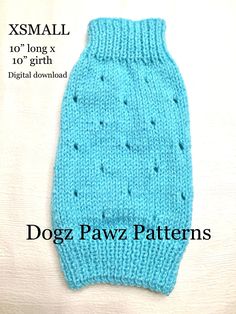 a blue knitted dog sweater with small holes on the front and bottom, along with text that reads xsmall 10 long x 10'o'clock digital down