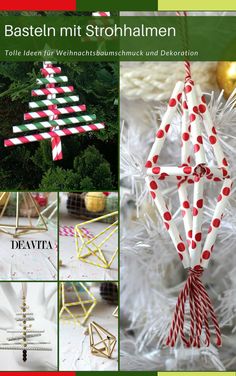 a collage of christmas ornaments made out of sticks and paper straws, with the words basteln mit stromhamen