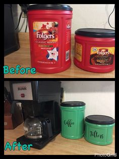 before and after pictures of coffee maker, canisters with labels on the lids