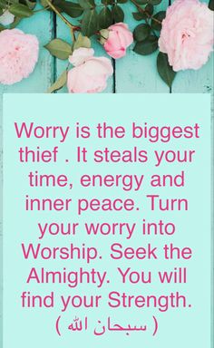 some pink flowers and green leaves on a blue wooden background with the words worry is the biggest thief it steals your time, energy and inner peace