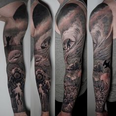 three different views of a man's arm with tattoos on it, including an ocean scene