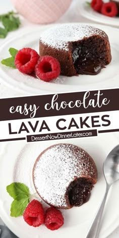 chocolate lava cakes with raspberries and powdered sugar on the top are served