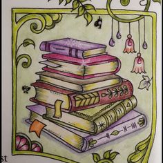 a drawing of a stack of books on top of each other with an ornament in the background