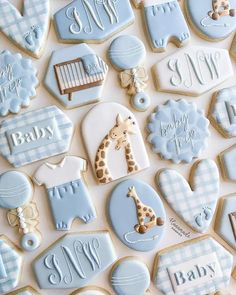 baby shower cookies decorated with blue and white icing