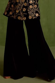 Black velvet dabka floral embroidered kurta, embellished by beads and sequin. Comes with matching sharara. - Aza Fashions Elegant Embroidered Palazzo Set For Evening, Elegant Embroidered Evening Palazzo Set, Traditional Palazzo Set With Zari Work For Evening, Traditional Evening Sharara With Dabka Work, Traditional Evening Palazzo Set With Resham Embroidery, Traditional Embroidered Palazzo Set For Evening, Traditional Kurta For Evening Festivals, Anarkali Embroidered Sharara For Evening, Traditional Evening Kurta For Festivals