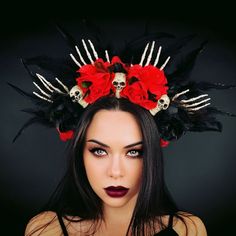 Gothic Skeleton, Rose Queen, Skull Flower, Halloween Queen, Red Headband, Feather Headband, Queen Crown, Flower Skull, Skeleton Hands